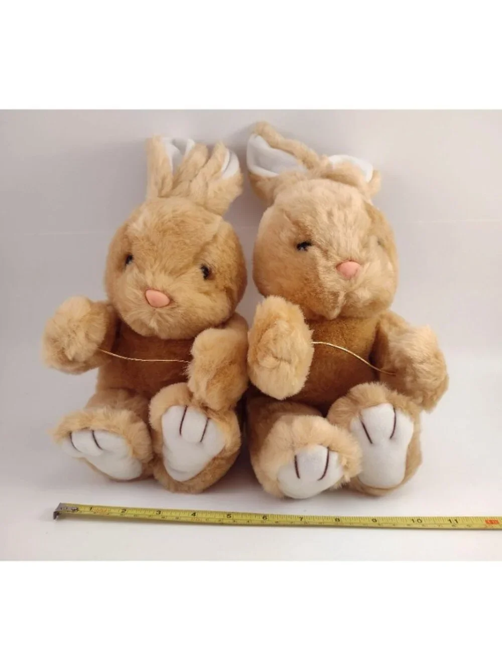 Pair Of Tan Plush Bunny Rabbit Stuffed Animals White Tails & Ears 11